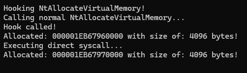 Direct syscall output - no hook